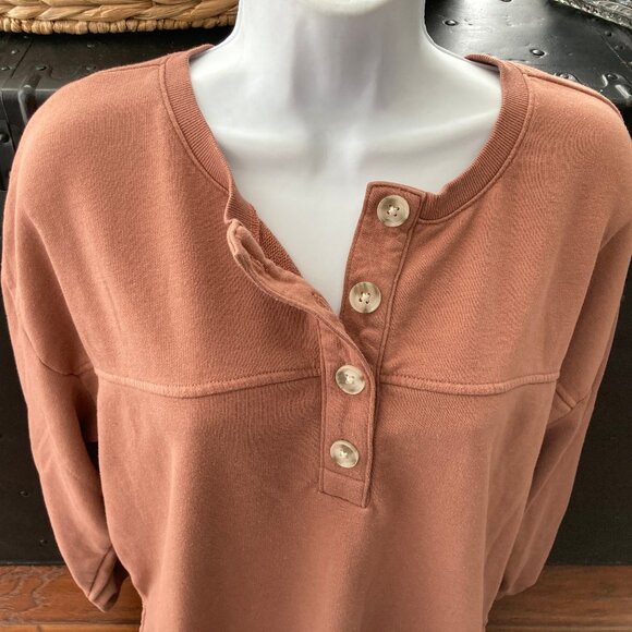 Lou & Grey Loft Cocoa Brown Soft Cotton Blend Terry Lined Pullover Buttons Large - Picture 3 of 9